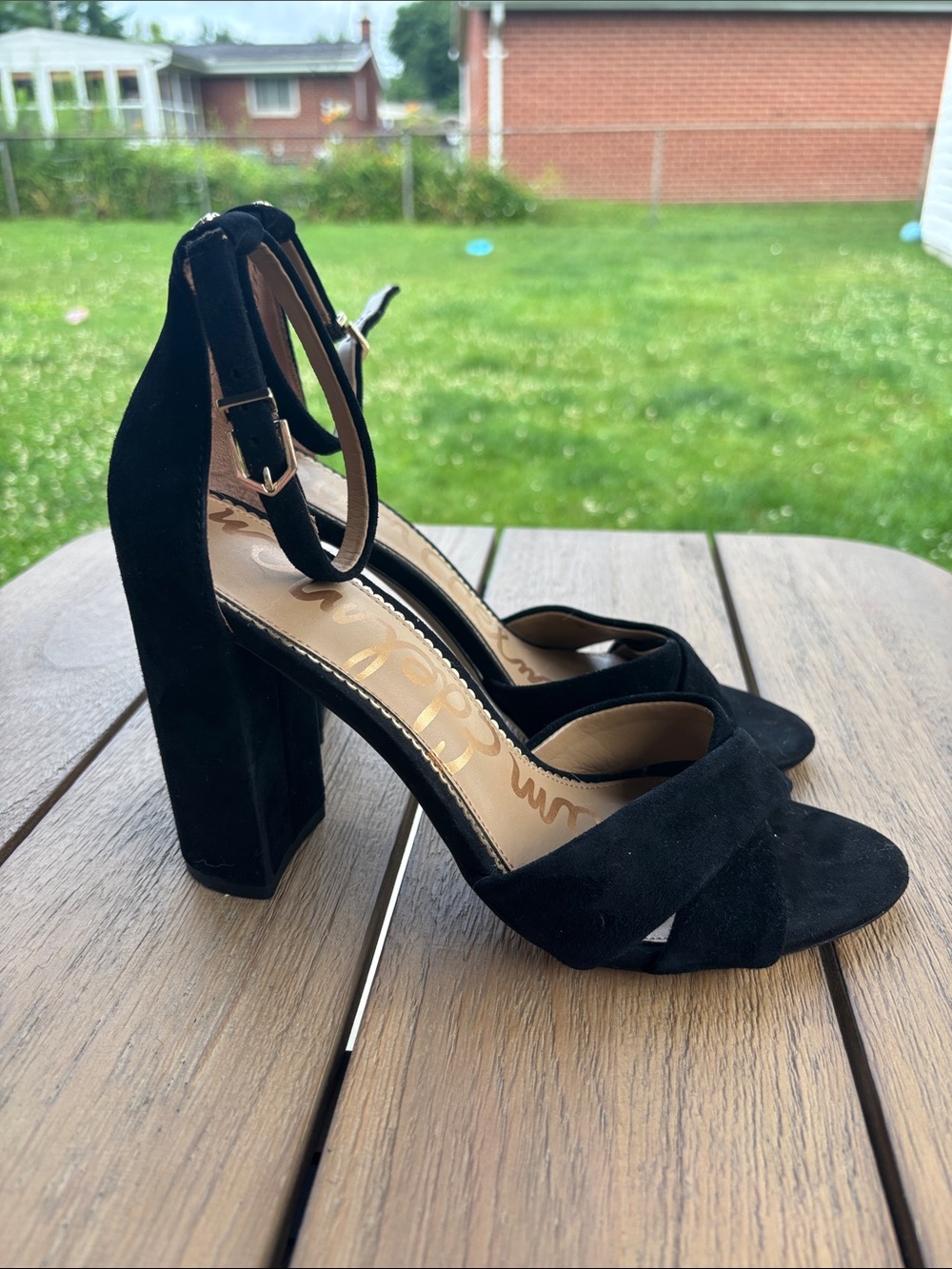 Sam Edelman Yenna Black Suede Ankle-Strap Block chunky platform Heels women’s 9